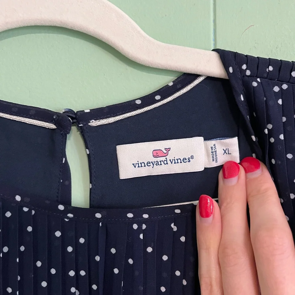 VINEYARD VINES Girls' Polka Dot Pleated Dress Navy Blue Flutter Sleeves …